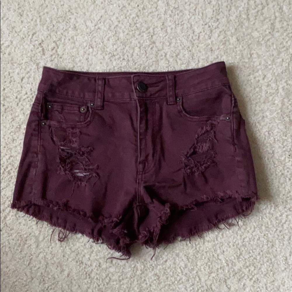 maroon high waisted, cut off shorts